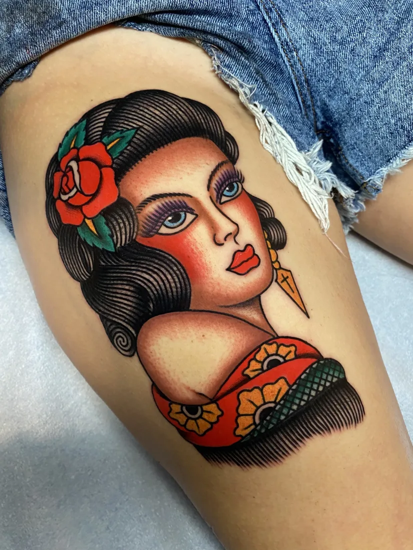 Bold color lady head tattoo