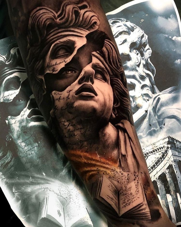 Surreal realism statue tattoo on a forearm